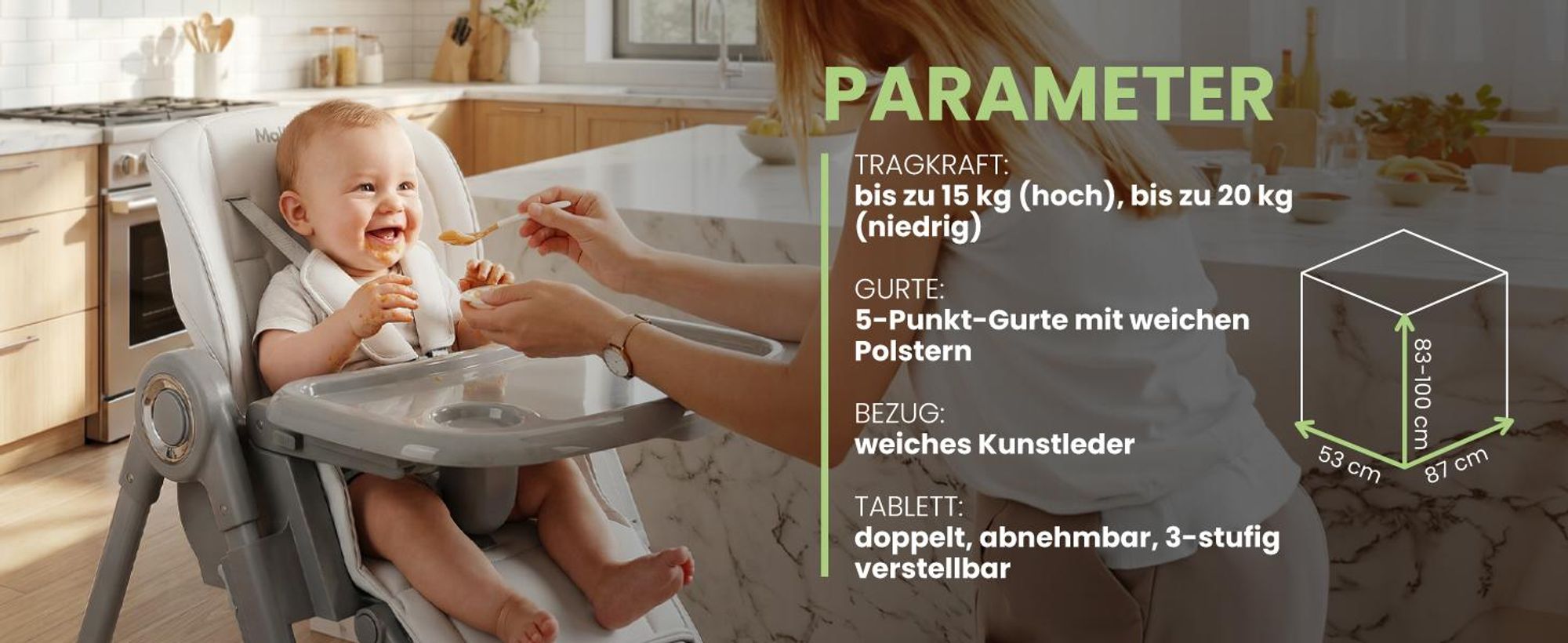 Fütterungsstuhl Kinderhochstuhl Baby Klappbarer verstellbares Tablett Gurte 6 Höhen Grau