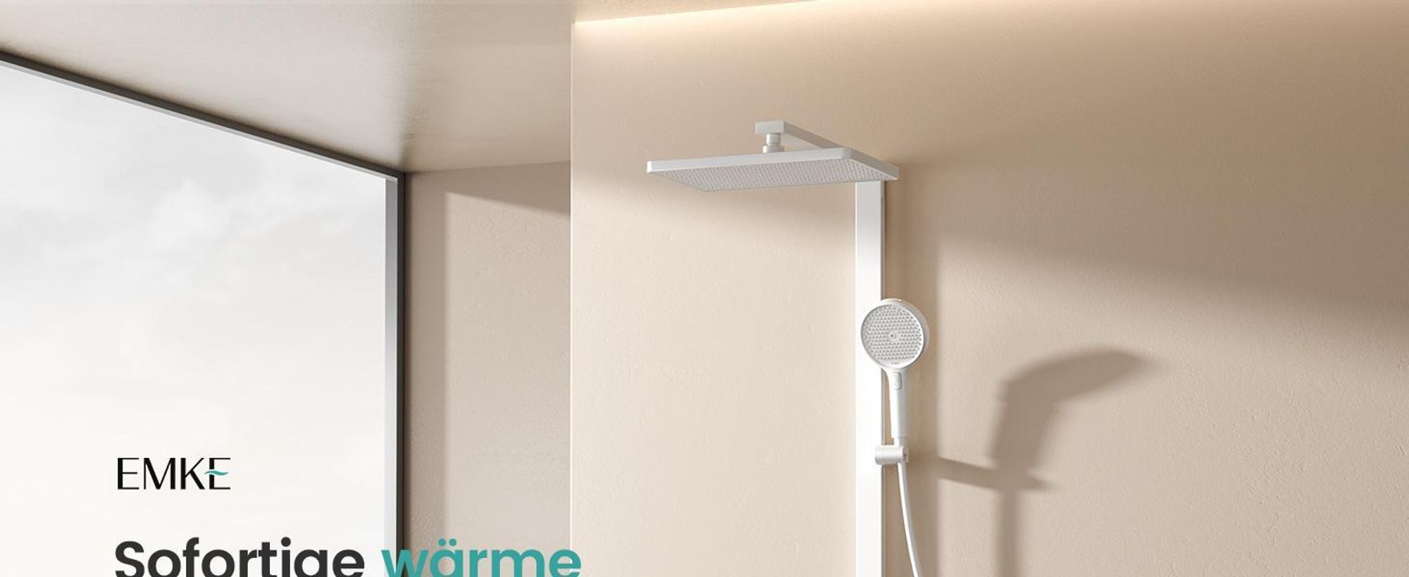 EMKE Duschsystem mit Thermostat, 36x24cm Regenduschkopf, Regendusche mit Glasablage, Handbrause mit 4 Strahlstärken, Bad- & Duscharmaturen, Weiß Matt