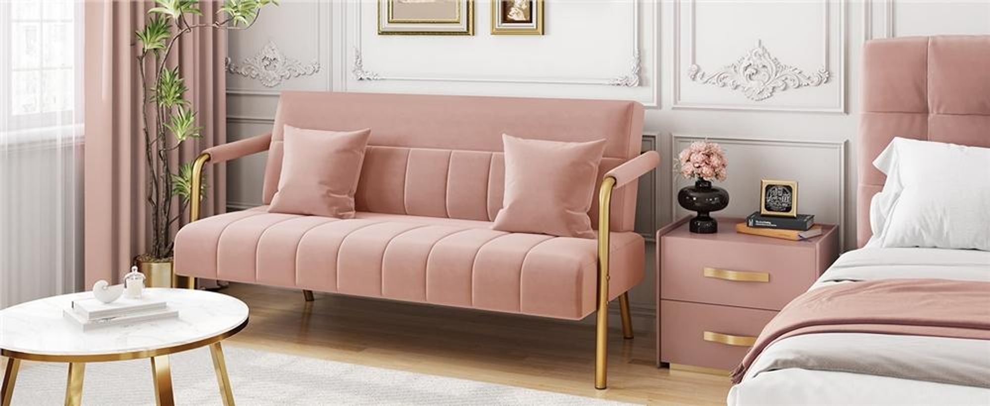 Yaheetech Polstersofa mit Armlehnen & Beine aus Metall Modernes Zweisitzer-Sofa mit 2 Lendenkissen Loveseat fürs Wohnzimmer/Schlafzimmer Rosa