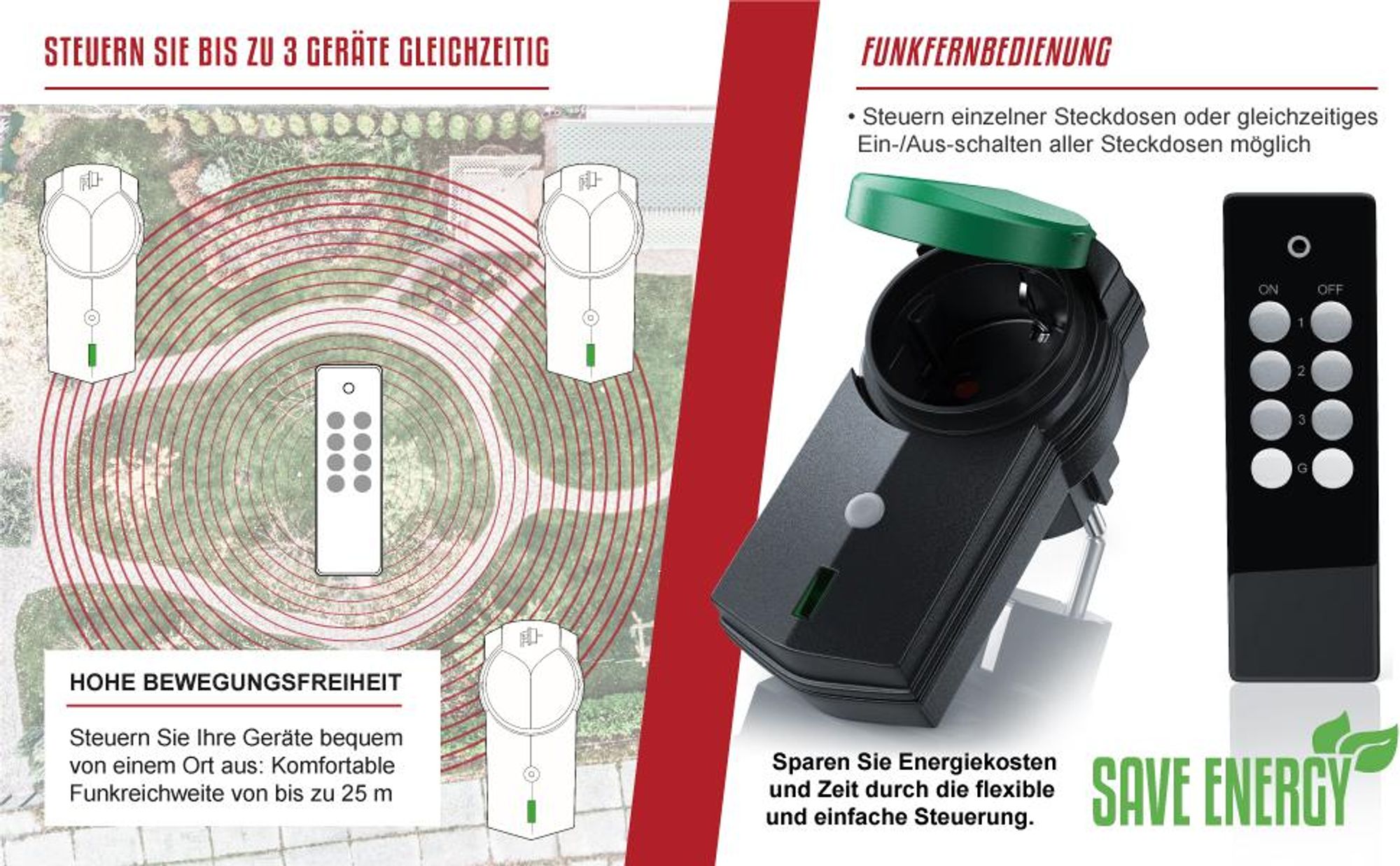 BEARWARE Außenbereich Funksteckdosen Set mit Fernbedienung - 3x Outdoor Funkschalter Steckdosen
