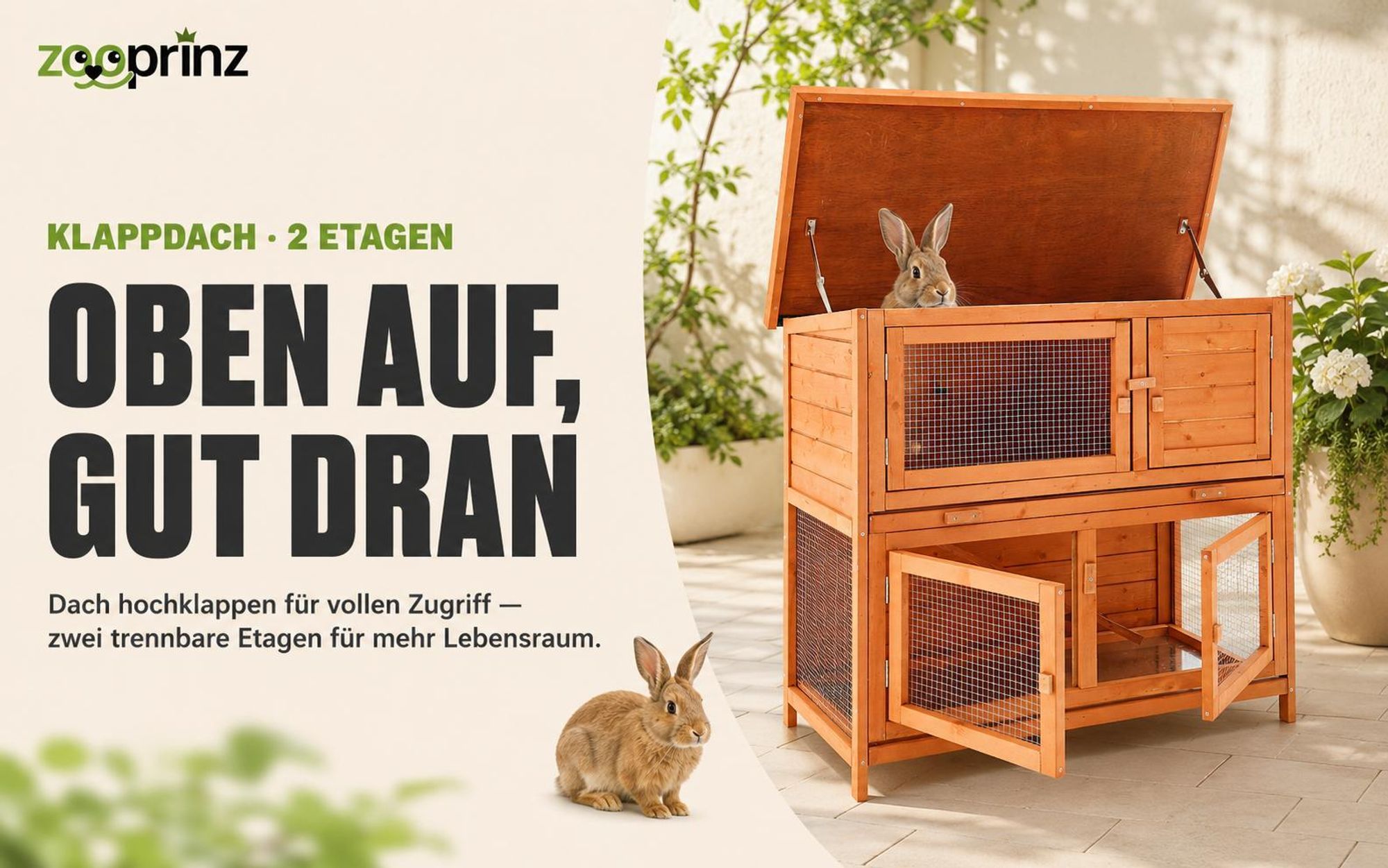 zooprinz Hasenstall Mukkel Wetterfest 2-Etagen Klappdach lasiertes Massivholz 104x94x55cm (BxHxT)