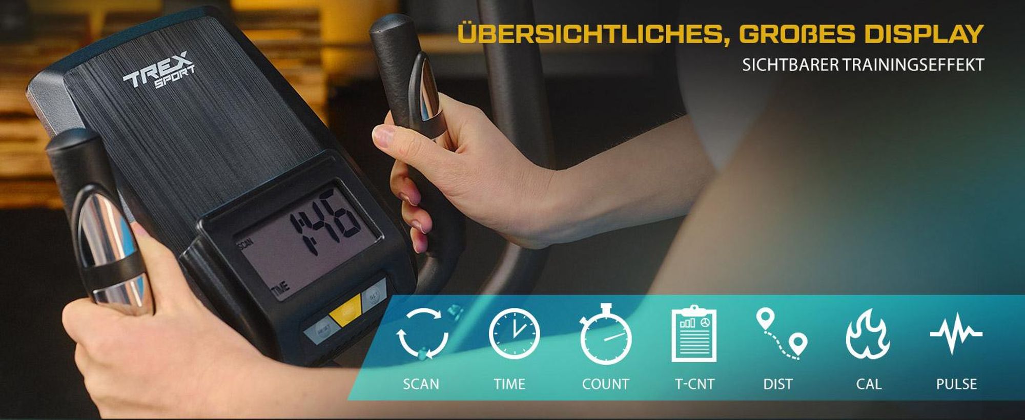 TREX SPORT Crosstrainer für zuhause TX-400CT DASH | Ellipsentrainer 10-stufiger Widerstand, Pulssensoren, Display, Tablet-Halterung | leise, bis 120kg