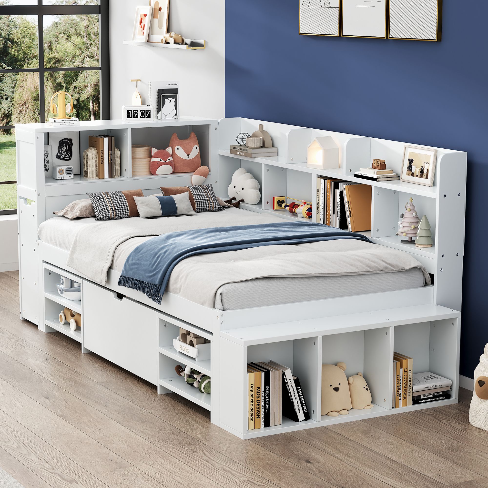 Flieks Holzbett Klassisches Bett Stauraumbett 90x200cm mit Ausziehbarem Schrank, Einzelbett Jugendbett mit Staufach, Kinderbett mit Lattenrost, Weiß