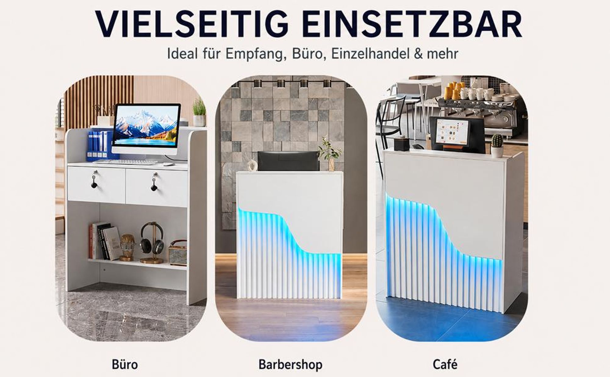 Empfangstheke mit LED-Beleuchtung, Moderner Rezeptionstresen mit abschließbarer Schublade, Kompakter Empfangstisch für Salon, Büro, Hotel und Geschäft