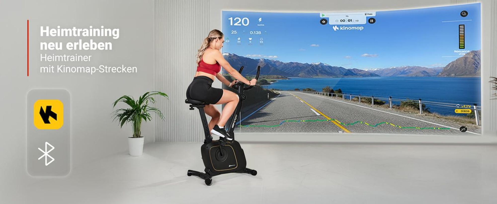 Hop-Sport Heimtrainer HS-3000H Hometrainer Fahrrad mit Magnetwiderstand, LCD-Display, Bluetooth & Kinomap, Pulsmessung, bis 120 kg belastbar, Schwarz