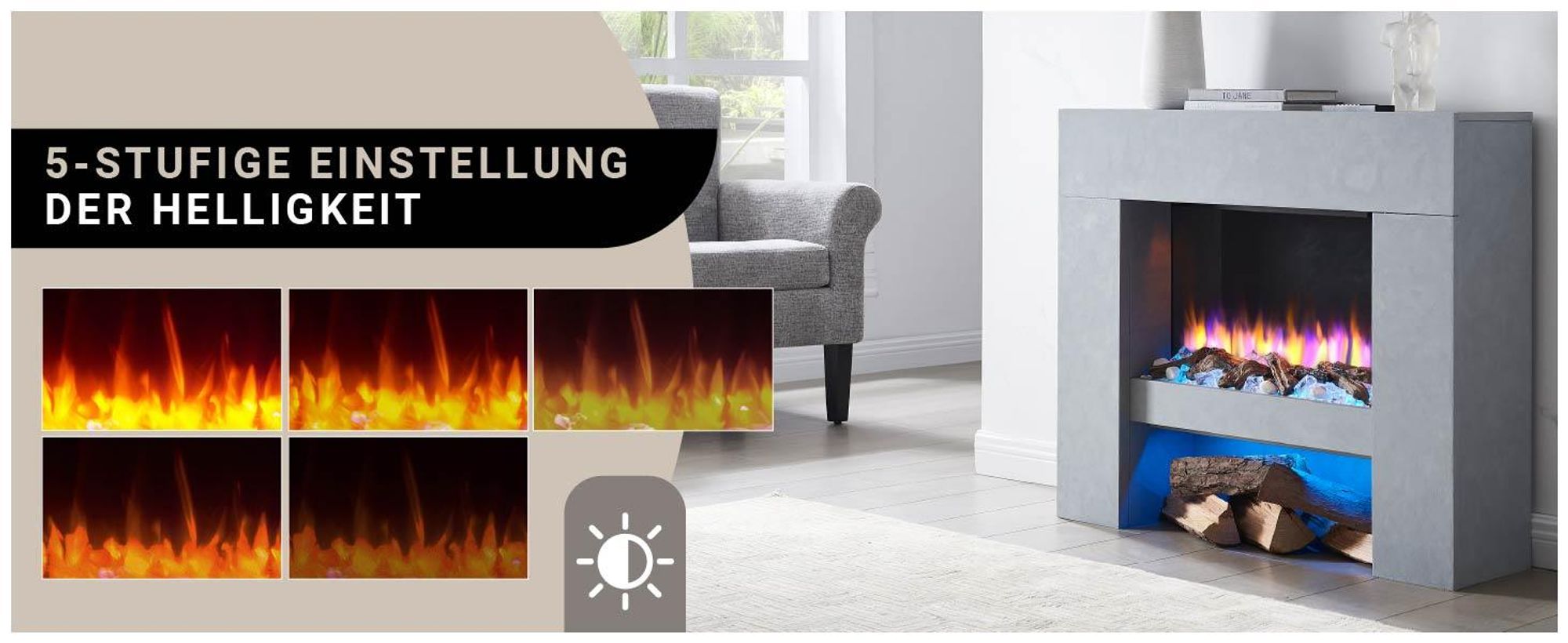 Elektrisches Kaminfeuer Balderia Naran grau 2000 Watt inkl. Fernbedienung
