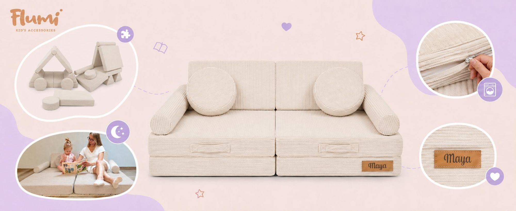 Flumi detská modulárna pohovka z peny 10 dielov – detské hracie sofa, Montessori hrací nábytok do detskej izby s prateľným poťahom