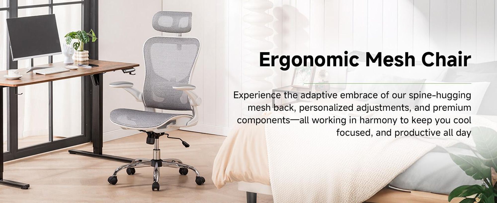 COMHOMA Bürostuhl Ergonomisch, Schreibtischstuhl mit Verstellbarer Kopfstütze, Armlehnen, Lendenwirbelstütze, Wippfunktion, Chefsessel aus Mesh, 150kg