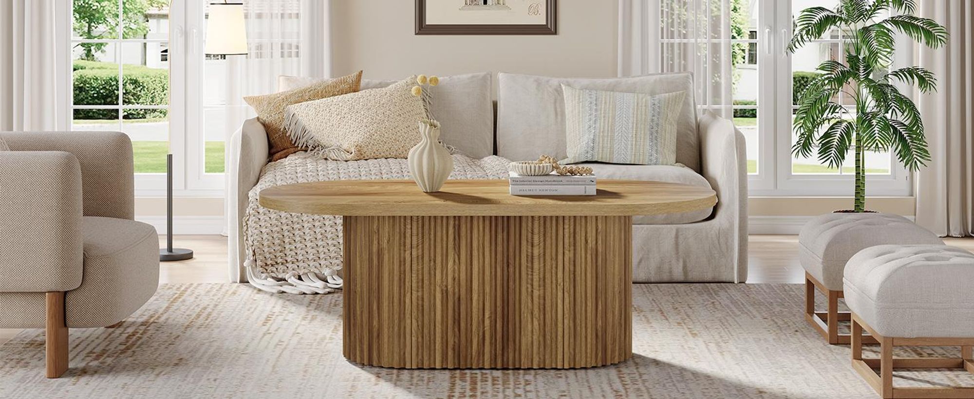 Tribesigns Ovaler Couchtisch, 120 cm großer Landhaus Couchtisch aus Holz mit geriffeltem Design, für Wohnzimmer, Büro, Wohnung, rustikales Braun