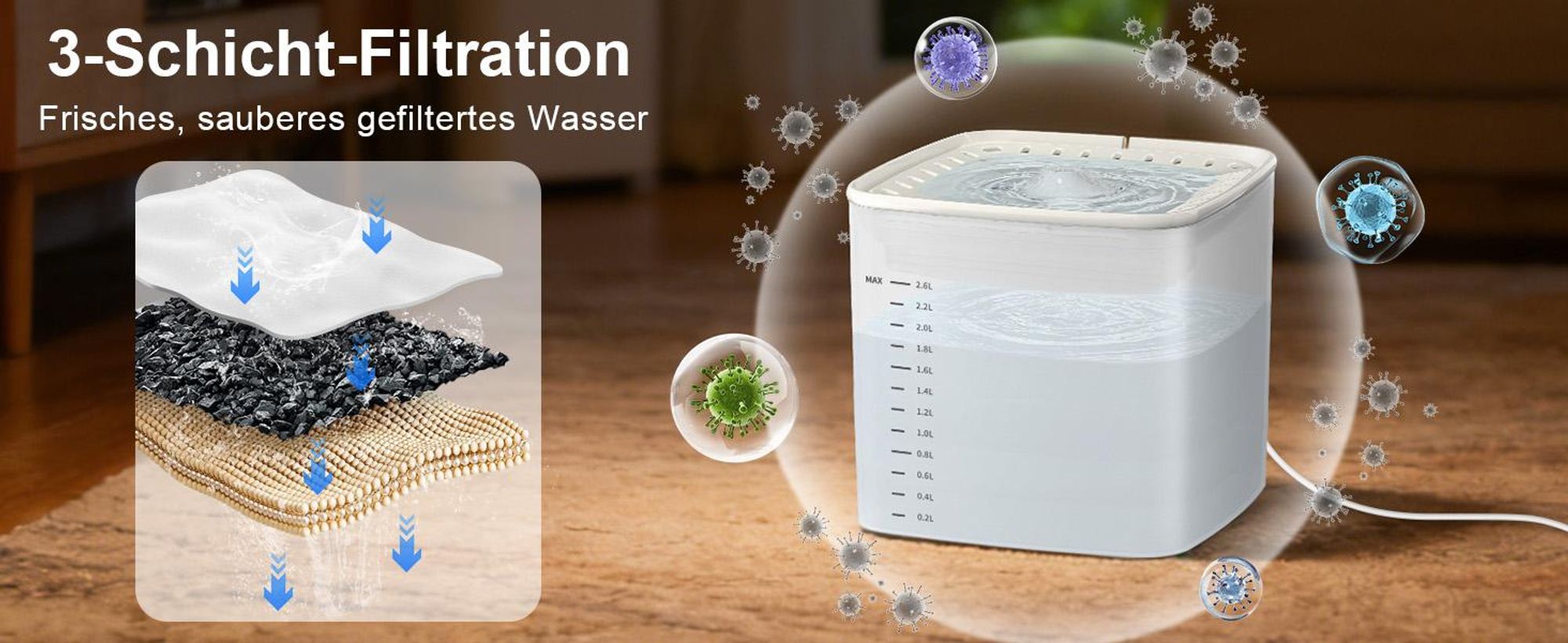 Trinkbrunnen für Katze, Katzenbrunnen, Automatischer Trinkbrunnen für Katzen und Hunde, 3L Wassertank, Leise Wasserpumpe, mit 2 Filterpatronen