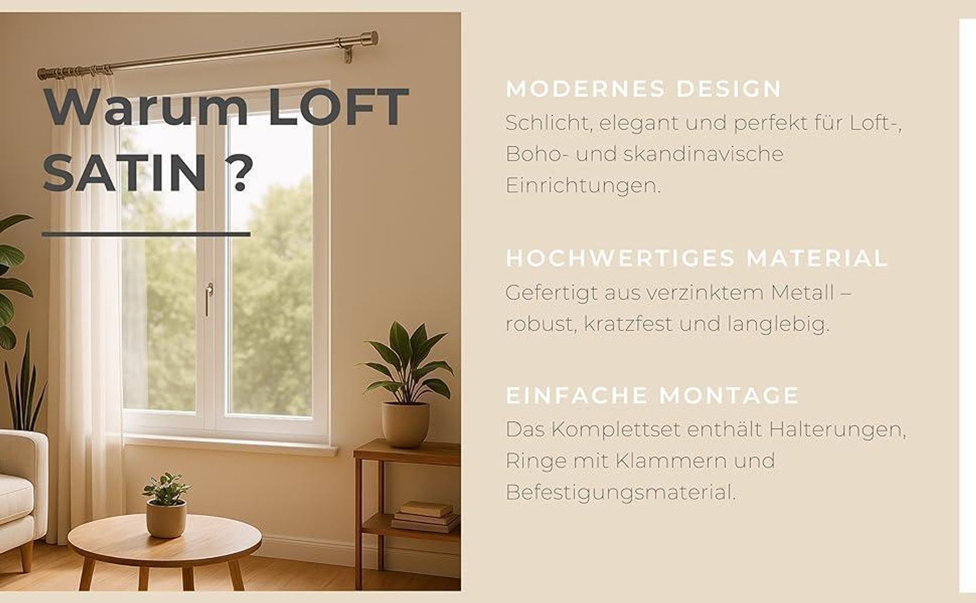 LOFT 360 cm Doppelte Gardinenstange 19 mm aus Metall mit Endstück FREZ Komplettset mit Ringen und Clips Inklusive Montagezubehörset Farbe Satin