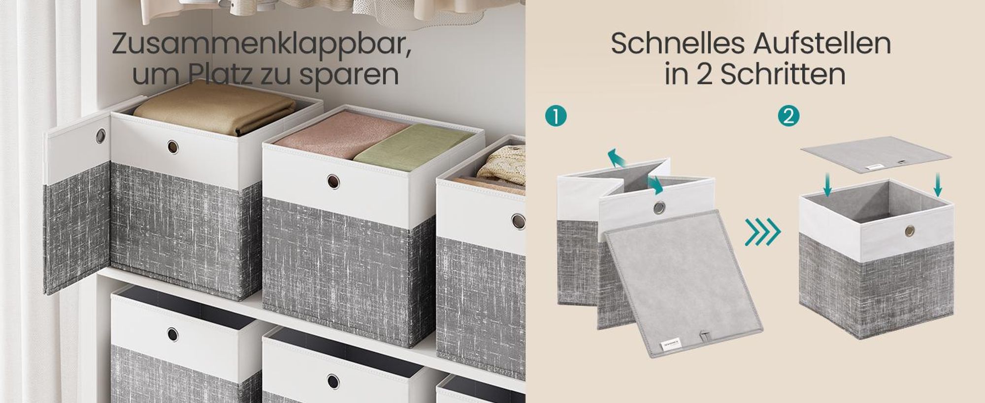 SONGMICS Aufbewahrungskörbe, 6er Set, faltbare Stoffboxen mit PP-Platten, für Regal, 30 x 30 x 30 cm, weiß-grau