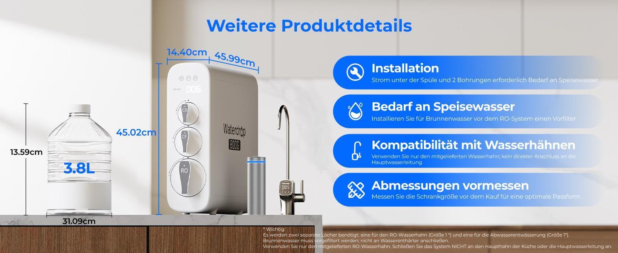 Waterdrop Umkehrosmose-System, 800 GPD, TDS-Reduktion, keine verkalkten Küchengeräte mehr, RO ohne Tank, Umkehrosmose-Wasserfilter-System