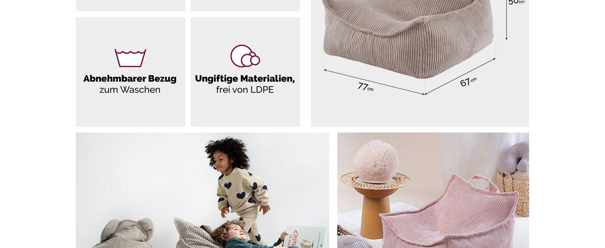 MISIOO Sitzsack Kinder – Großer Sitzsack – Big Bag für Kinder – Cord-Material – 77x67x50 cm – Waschbarer Stoff – Griff für einfaches Tragen – Beige