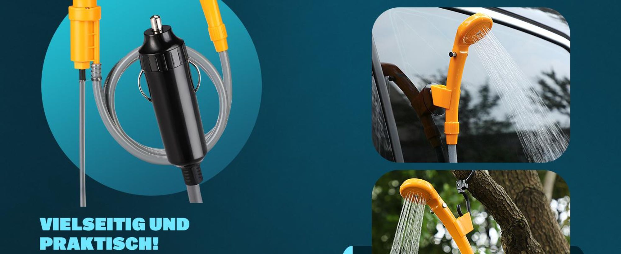 MONZANA® Campingdusche 12V KFZ-Adapter Aufbewahrungstasche 2m Schlauch 5m Stromkabel Handbrause Hundedusche Gartendusche Dusche Tauchpumpe gelb