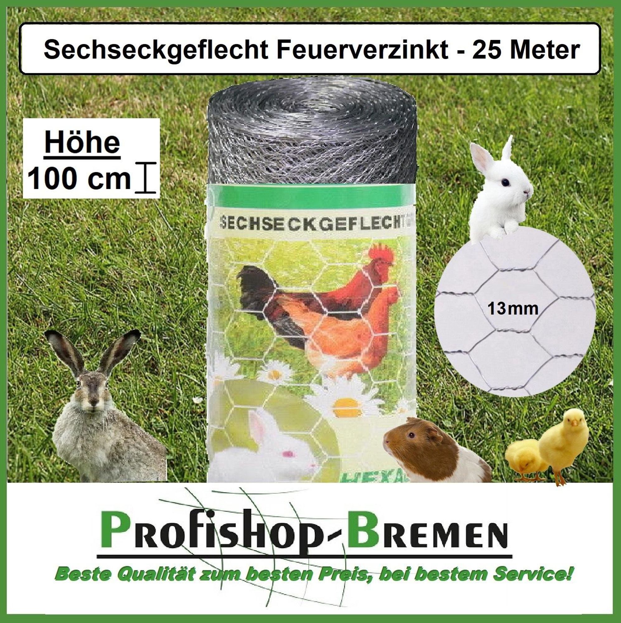 Kaninchendraht / Sechseckgeflecht / Maschenweite 13mm / Höhe 1000 mm / Länge 25m / verzinkt / € 1,12 pro Meter