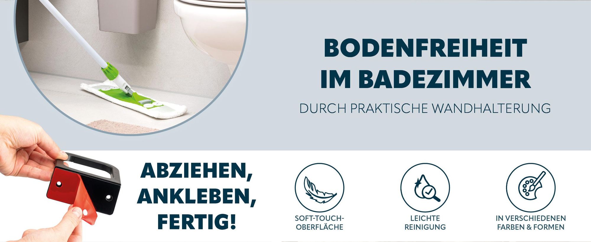 Das Bild zeigt die Wandhalterung und das angebrachte Klebepad