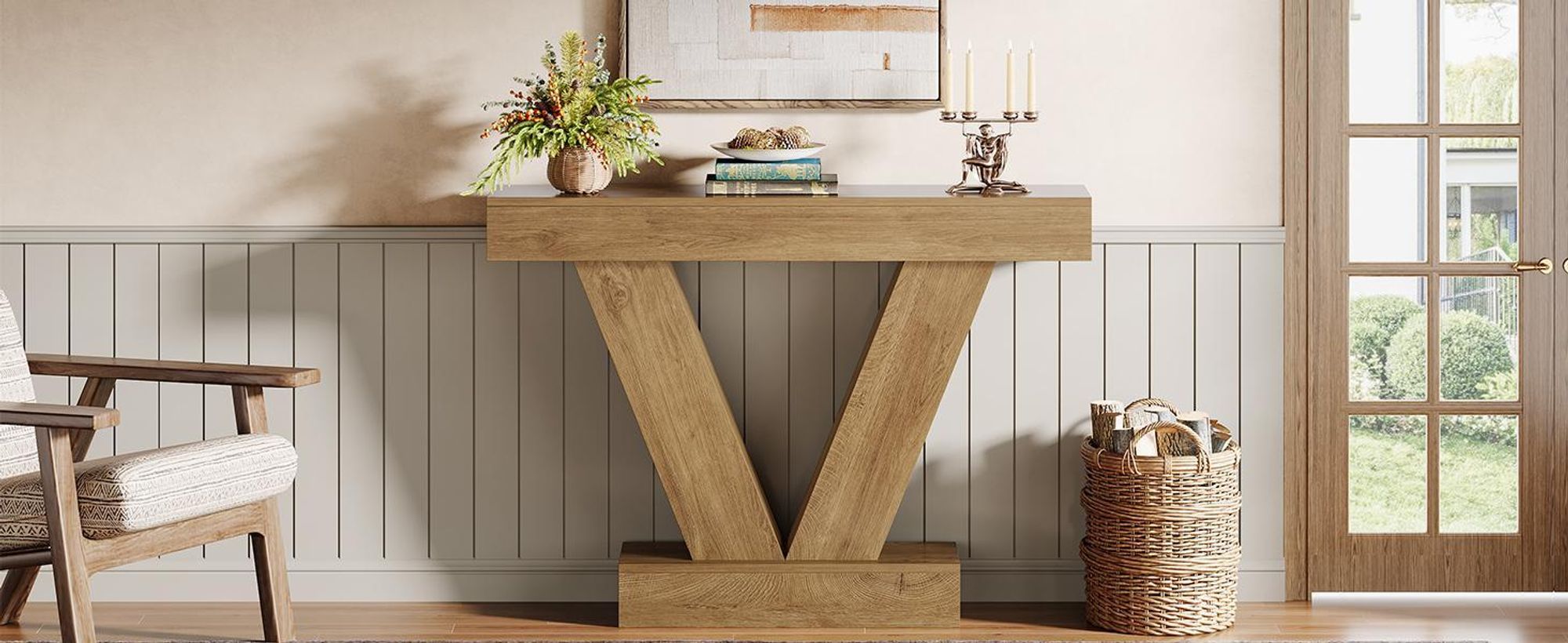 Tribesigns Table console 105 cm, avec pieds en V, pour le salon, le couloir, l'entrée, le hall, l'entrée, marron