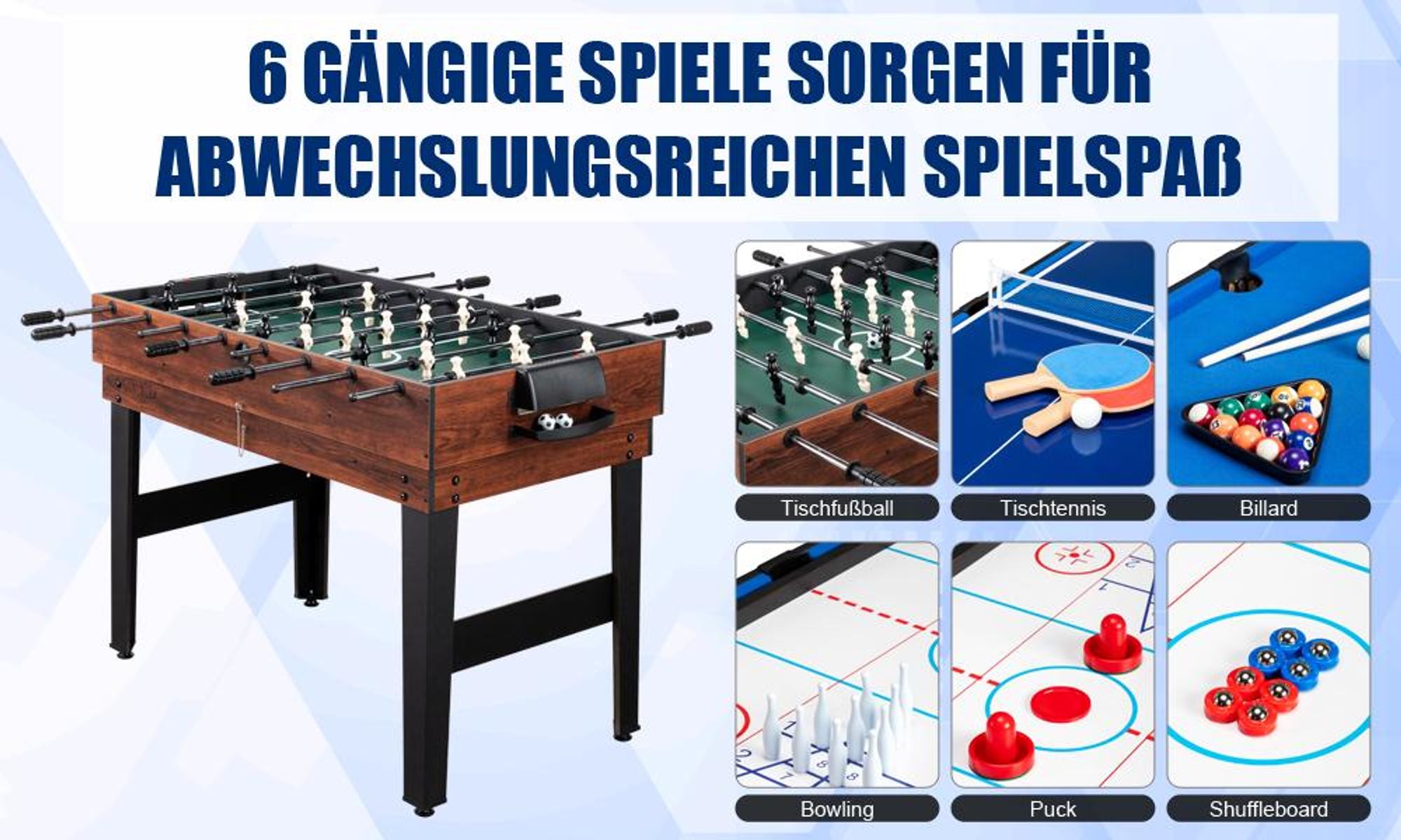 LEADZM Multifunktionstisch 6in1 Kickertisch Tischkicker Belfast,mit Hockey, Tischfußball, Billardtisch, Pingpong, Shuffleboard, Bowling ,122x61x80cm