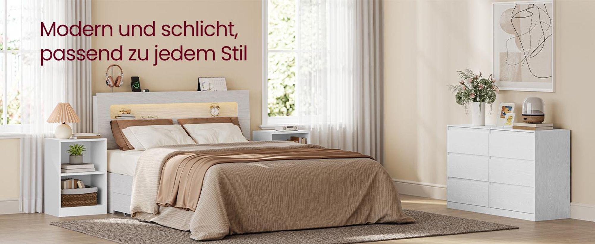 VASAGLE Beistelltisch mit flexibler Ablage, 2er Set, Nachtschrank mit offenen Fächern, für Wohnzimmer, Schlafzimmer, weiß