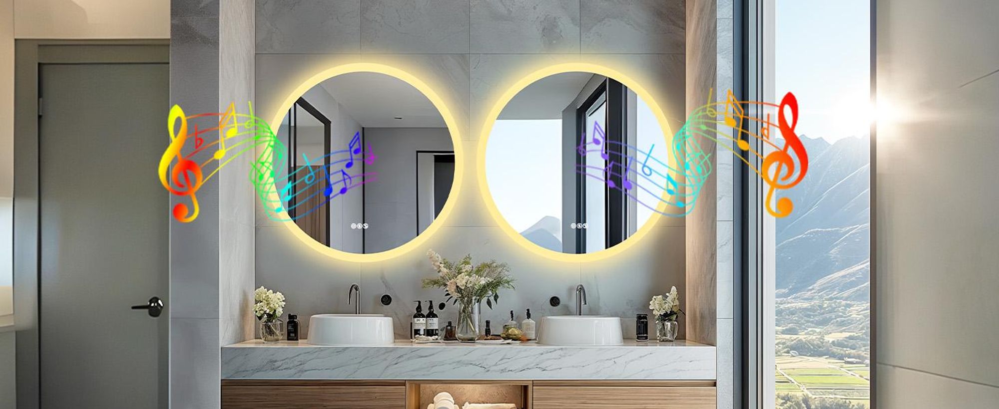 WISFOR LED Badspiegel mit Bluetooth Lautsprecher, 80×80cm Badezimmerspiegel mit Beleuchtung 3 Lichtfarbe, LED Wandspiegel dimmbar beschlagfrei, Touchs