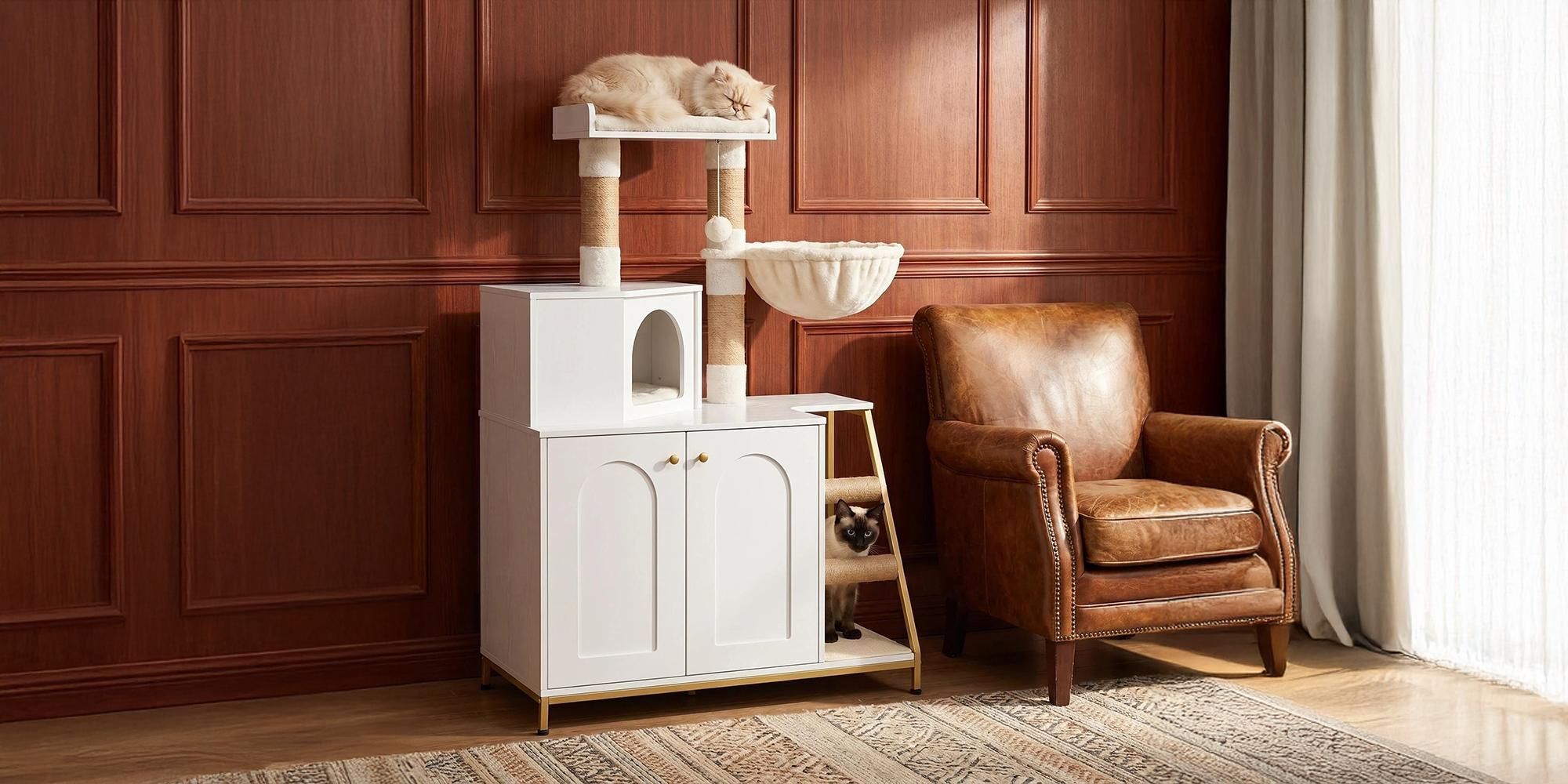 Kratzbaum mit Katzenklo-Schrank, 121 cm Katzenschrank, Weiß | 4-in-1 Modernes Katzenhaus mit Plattform, mit Sisal-Kratzmatte, Pfosten