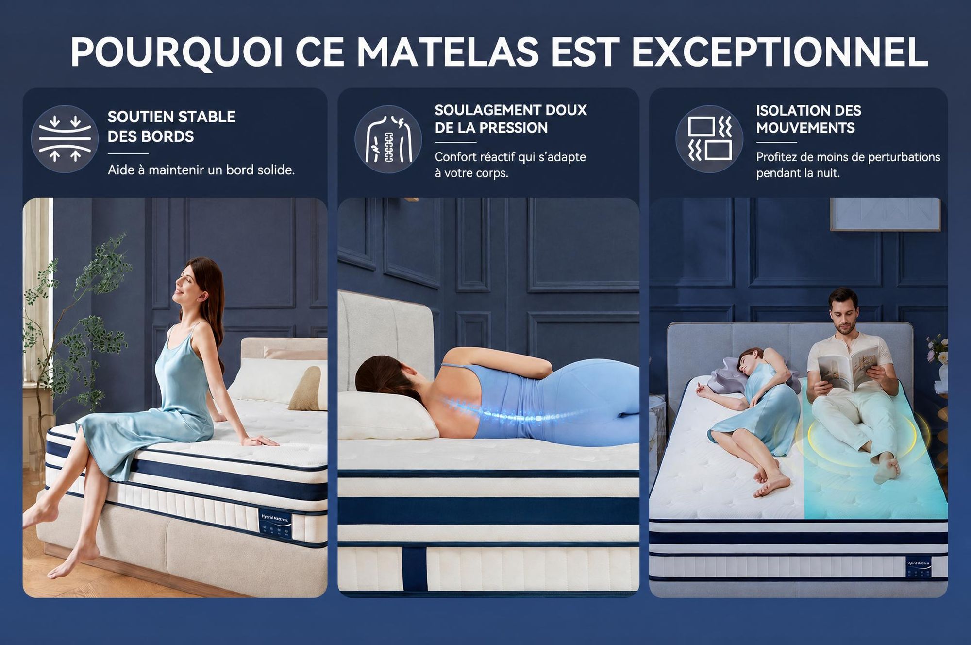Matelas 90x200 cm, hauteur 30 cm, avec topper intégré, matelas à ressorts ensachés 7 zones, fermeté H3/H4
