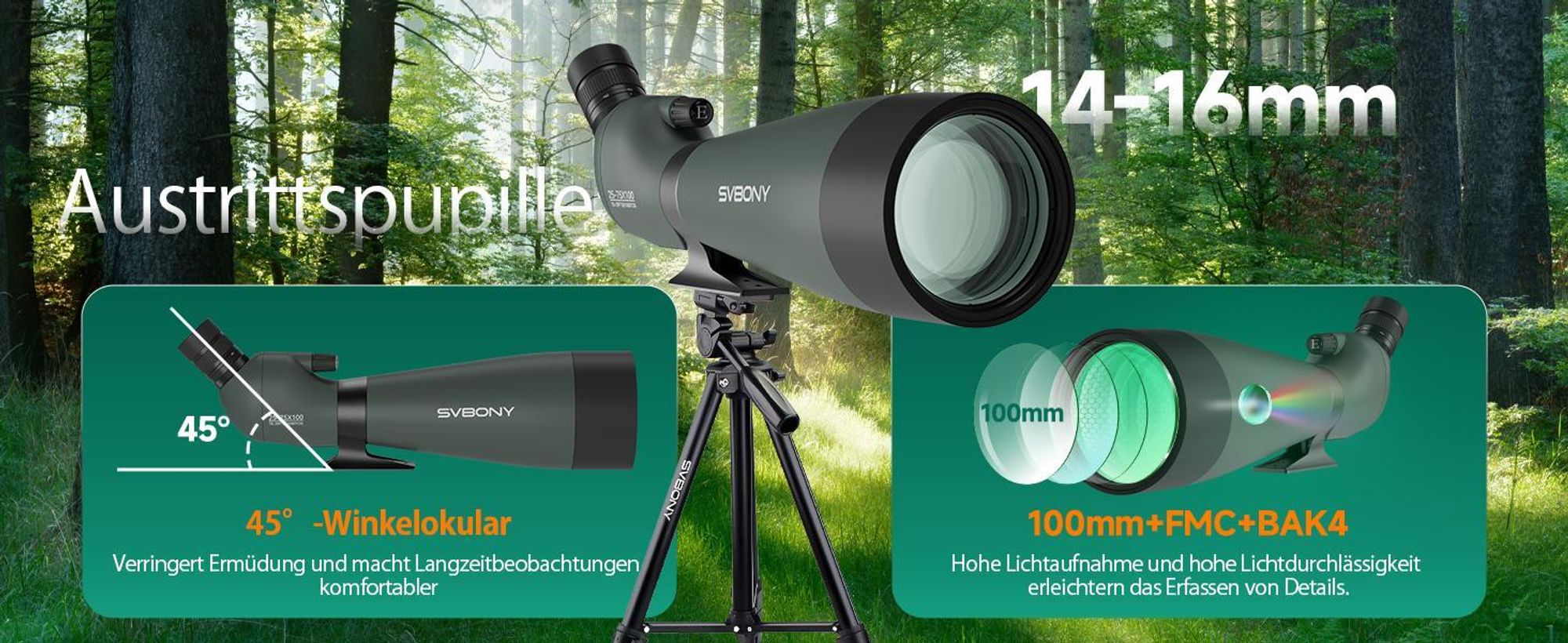 Svbony SV28 25-75x100mm Spektiv, mit Kamerastativ und Handy Adapter, H-K9L Porro Prisma FMC, für Schießsportarten, Vogelbeobachtung, Wildtiere
