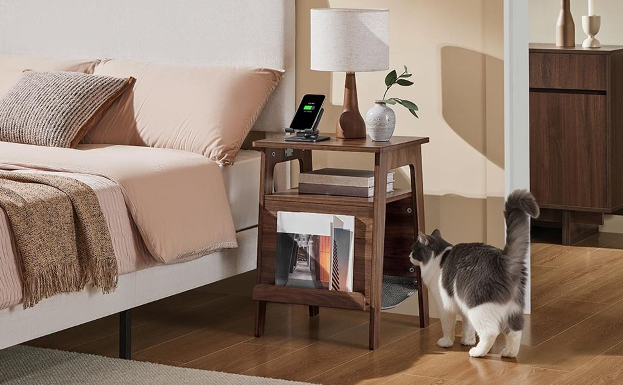 Yaheetech Beistelltisch mit Katzenbett & Kratzbrett, Nachttisch mit Katzenhaus, Katzenmöbel, Nussbaum Braun