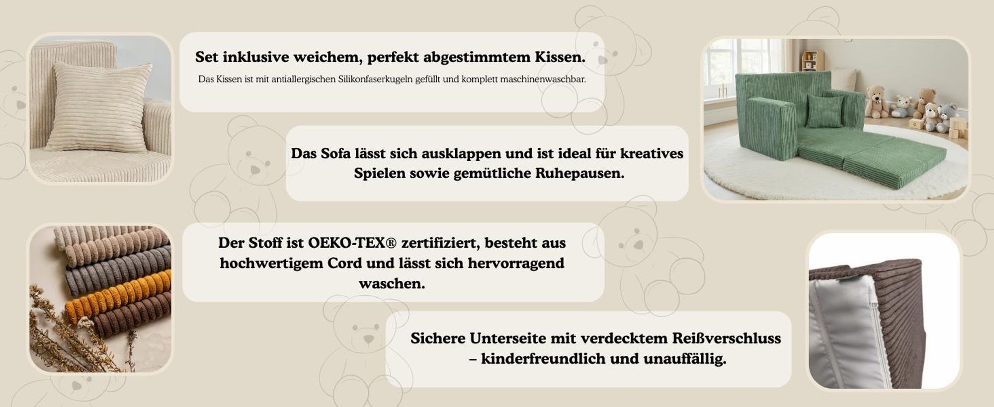 Kindersofa aus Schaumstoff Rosalia Stilvoller Komfort für das Kinderzimmer Ausklappbar Kindermöbel Polstersofa Beige