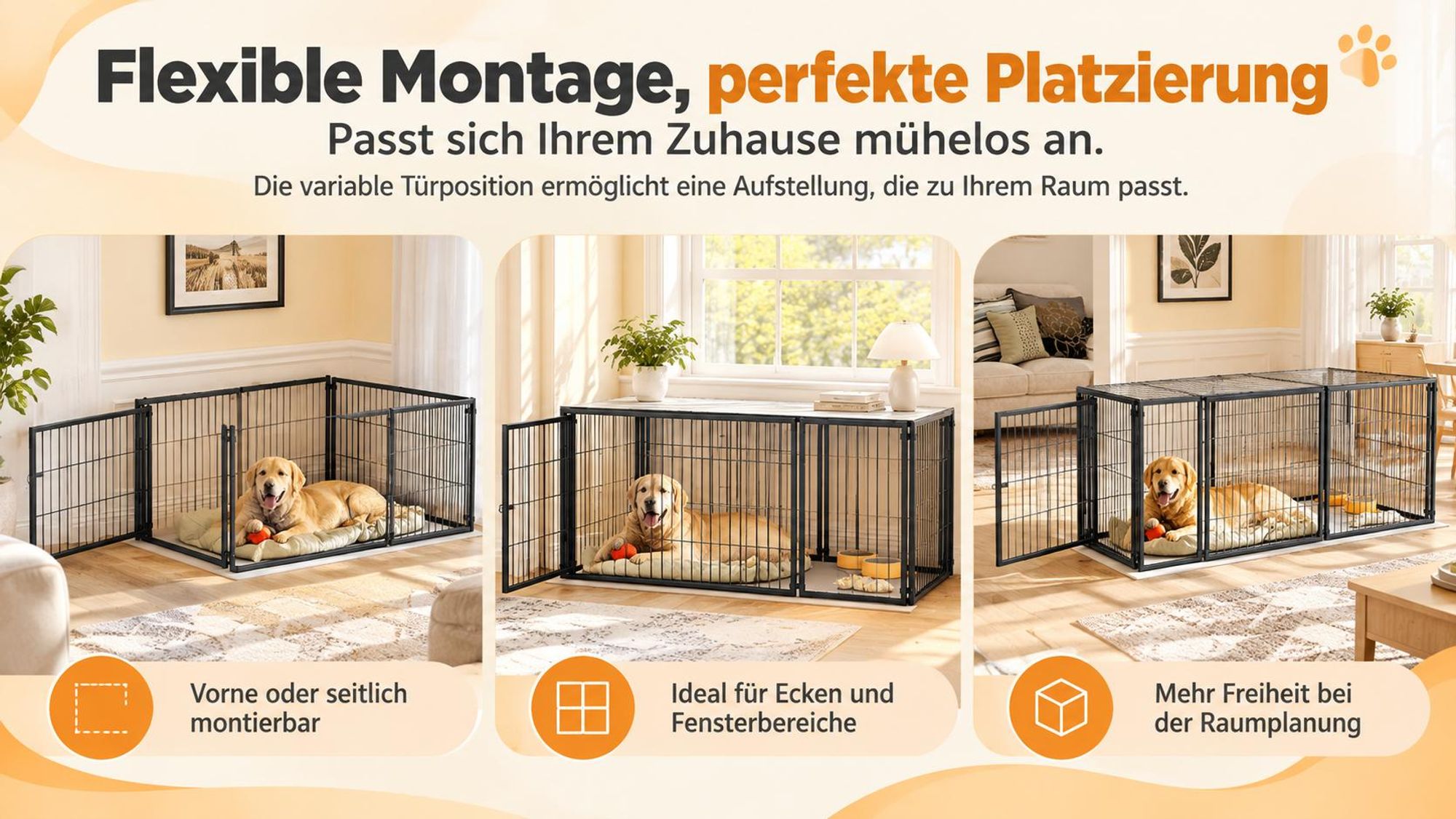 Basics Modulare Hundebox 160x80x80 cm, Flexibler Hunde-Käfig mit Sicherheitsdeckel & Verstellbarer Tür, Aus Stahl mit Rostschutz, inkl. PVC-Auflage, Schwarz Black