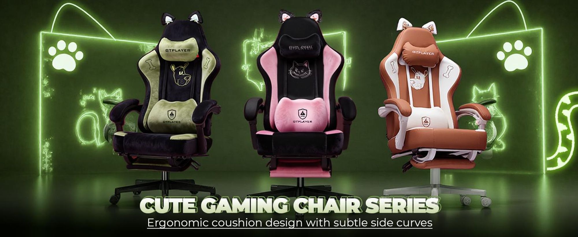 GTPLAYER Roztomilá herní židle se sametovou tkaninou, herní židle, ergonomická kancelářská židle, herní židle s kočičíma ušima, paměťovou pěnou a opěrkou nohou, 150 kg