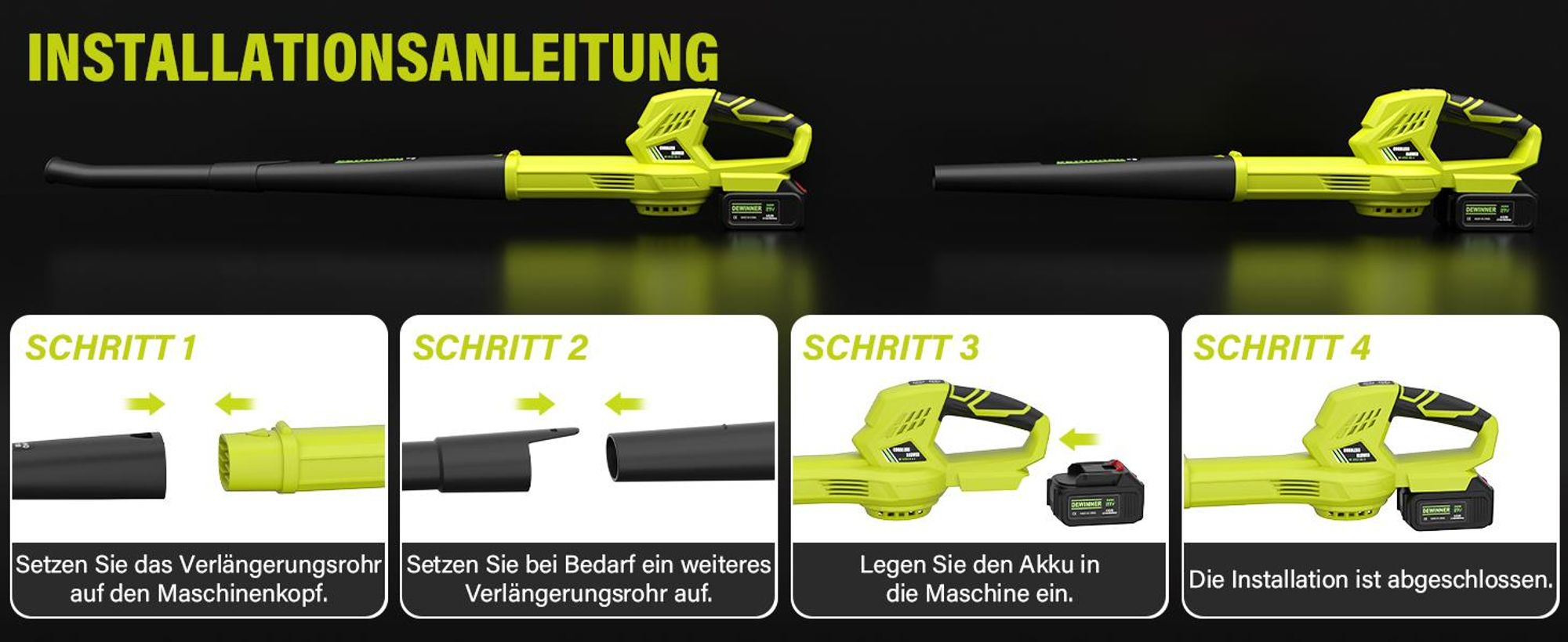 DEWINNER Kabelloser Laubbläser, 2 x 4.0Ah Akkus, 210 km/h, 6 verstellbare Geschwindigkeiten, 2 abnehmbare Rohre, Komplettset, Profi & Garten, Grün