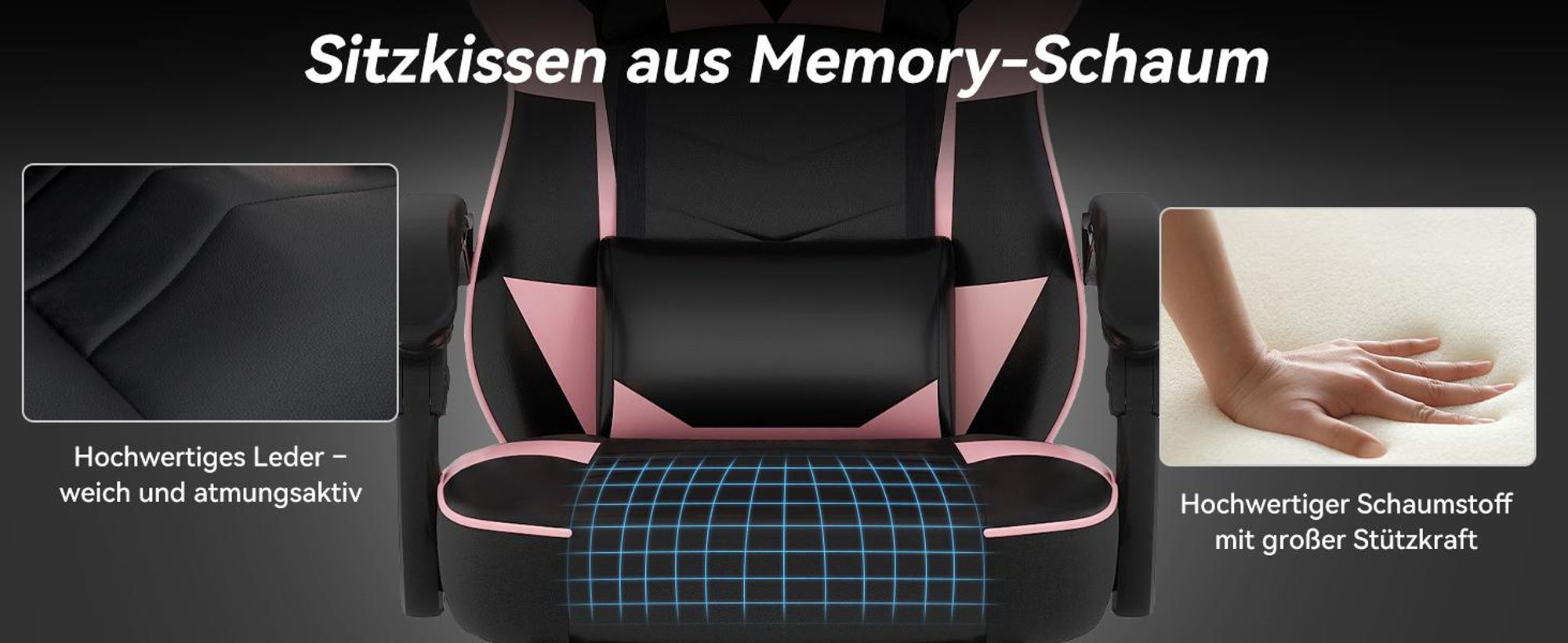 Puluomis Gaming Stuhl mit Massage und Fußstütze 150kg, Bürostuhl Ergonomisch Chefsessel Schreibtischstuhl Racing Stuhl Computerstuhl Rosa Pink Schwarz
