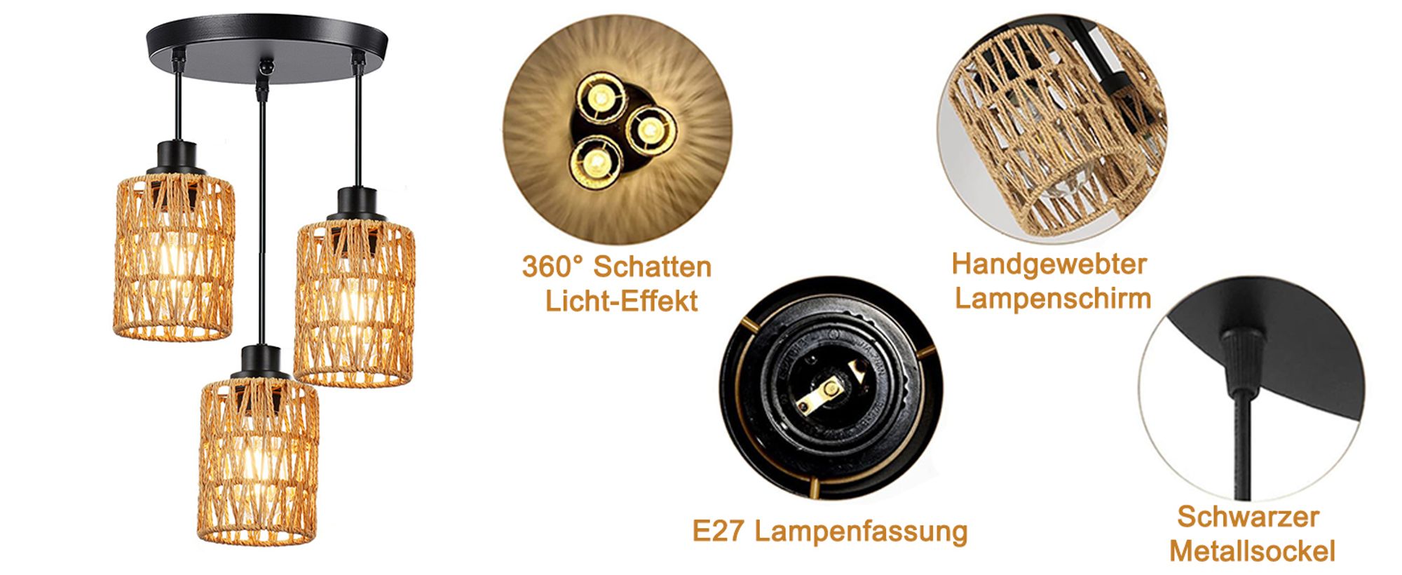 Pendelleuchte Boho Rattan Lampenschirm Hängelampe E27 3 Flammig Hängeleuchte Deckenleuchte für Esszimmer Küche Schlafzimmer Flur