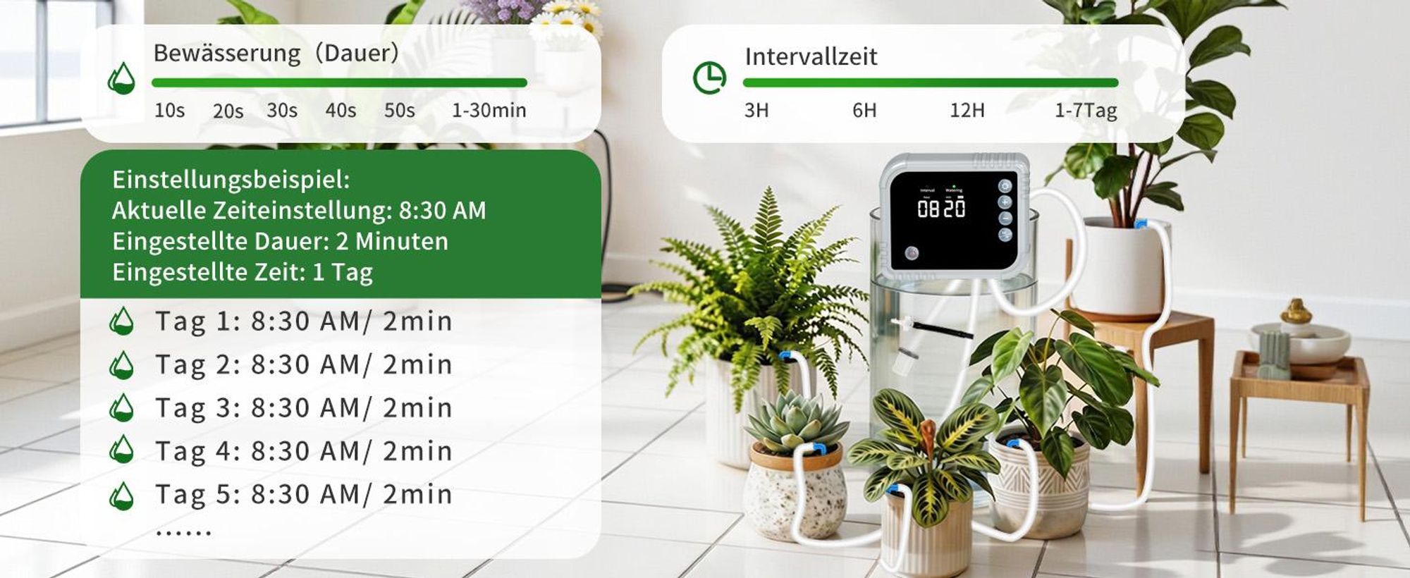 Bewässerungssystem Automatische bewässerung für Indoor, mit LCD-Display für bis zu 15 Topfpflanzen,Tropfbewässerungsset mit 350,Type-C aufladbar
