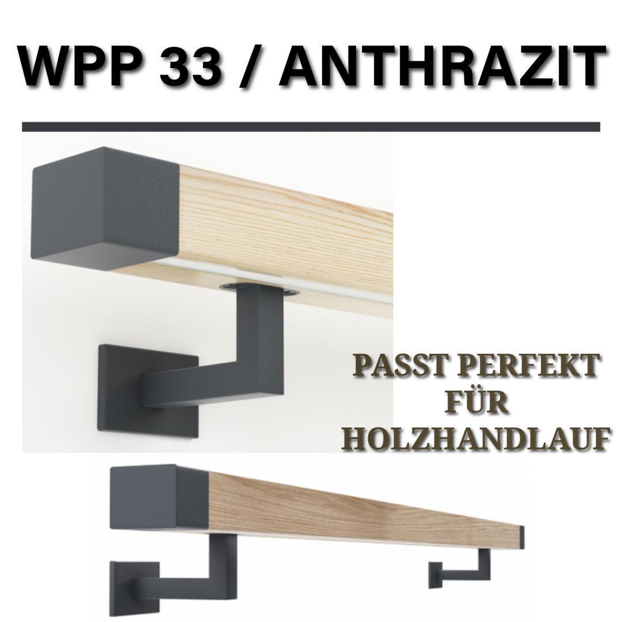 Sellon24 Handlaufhalter Halter mit Loch für LED Holzhandlauf 50x40 Geländer eckig LED-Loch pulverbeschichtet - RAL 7016 ANTHRAZIT