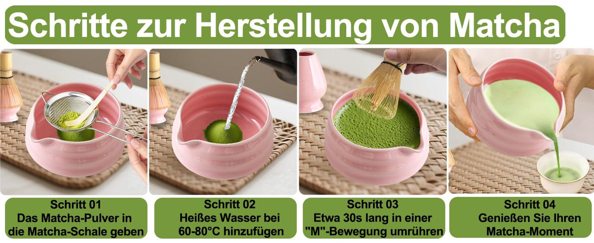 Matcha Set, Japanisches Matcha Set, 5-Teiliges Matcha Besen Set, Bambus Matcha Whisk, Matcha Schale mit Auslauf, Sieb, Löffel, für Matcha-Liebhaber