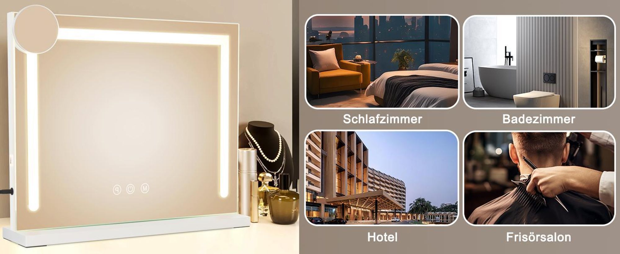 ZMH Kosmetické zrcadlo Stmívatelné LED osvětlení 50 x 40 cm 3 režimy barevného osvětlení 5násobné zvětšení Zrcadlo USB připojení pro ložnici Šatnu