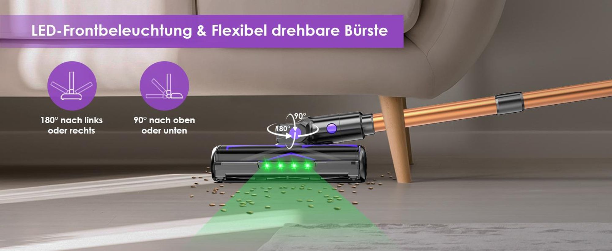 Vortisys 500W/80000Pa Staubsauger Kabellos, 60Min Akku Staubsauger, Staubsauger mit LED Display, GreenEye-Technologie, HEPA-Filtersystem & Anti-Verfil