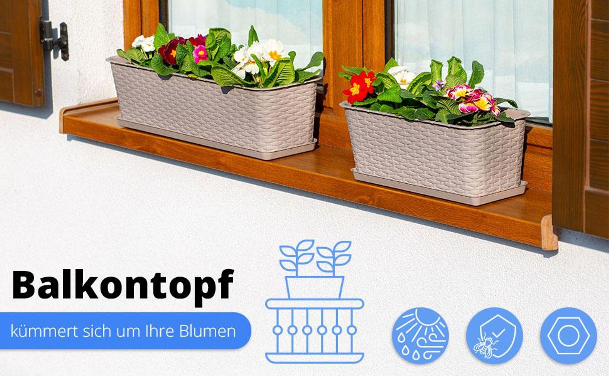 KADAX Balkontopf mit Untersatz "Frette", Balkonkasten mit Wasser Öffnungen, 40cm, Karamell