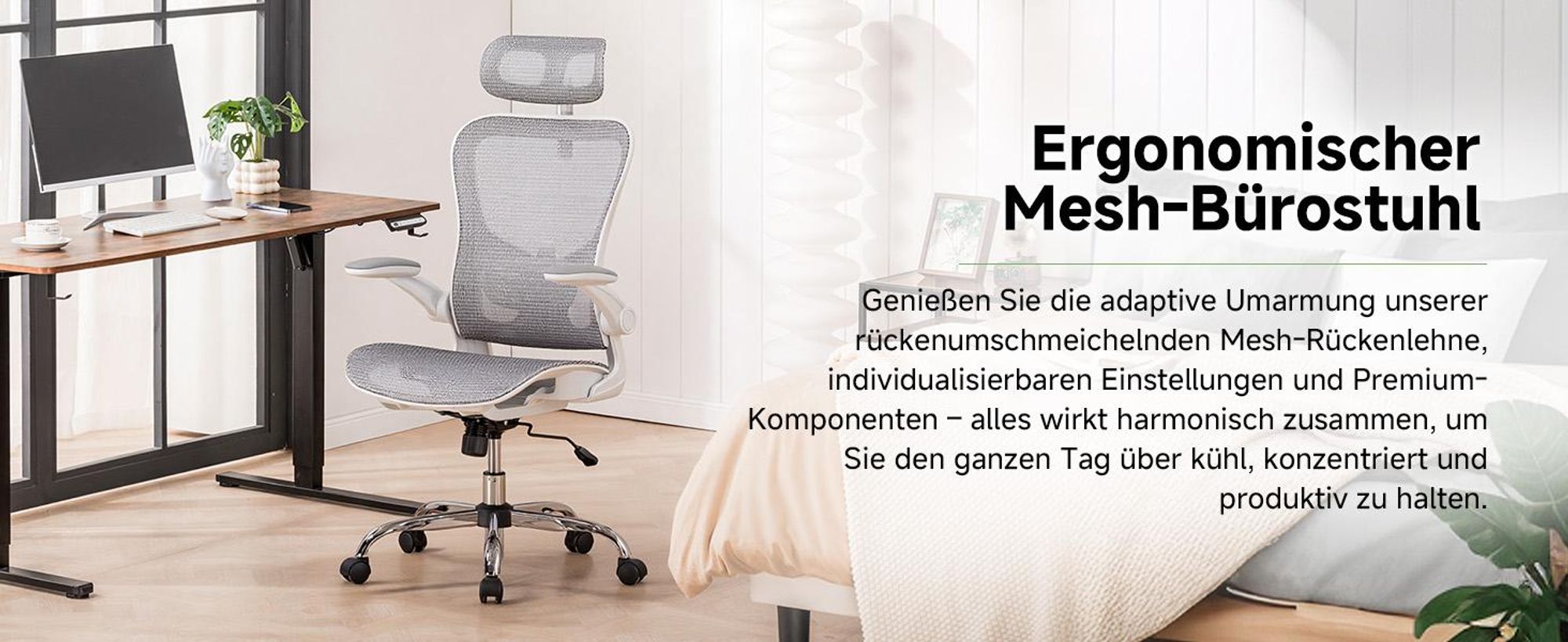 COMHOMA Bürostuhl Ergonomisch, Schreibtischstuhl mit Verstellbarer Kopfstütze, Armlehnen, Lendenwirbelstütze, Wippfunktion, Chefsessel aus Mesh, 150kg
