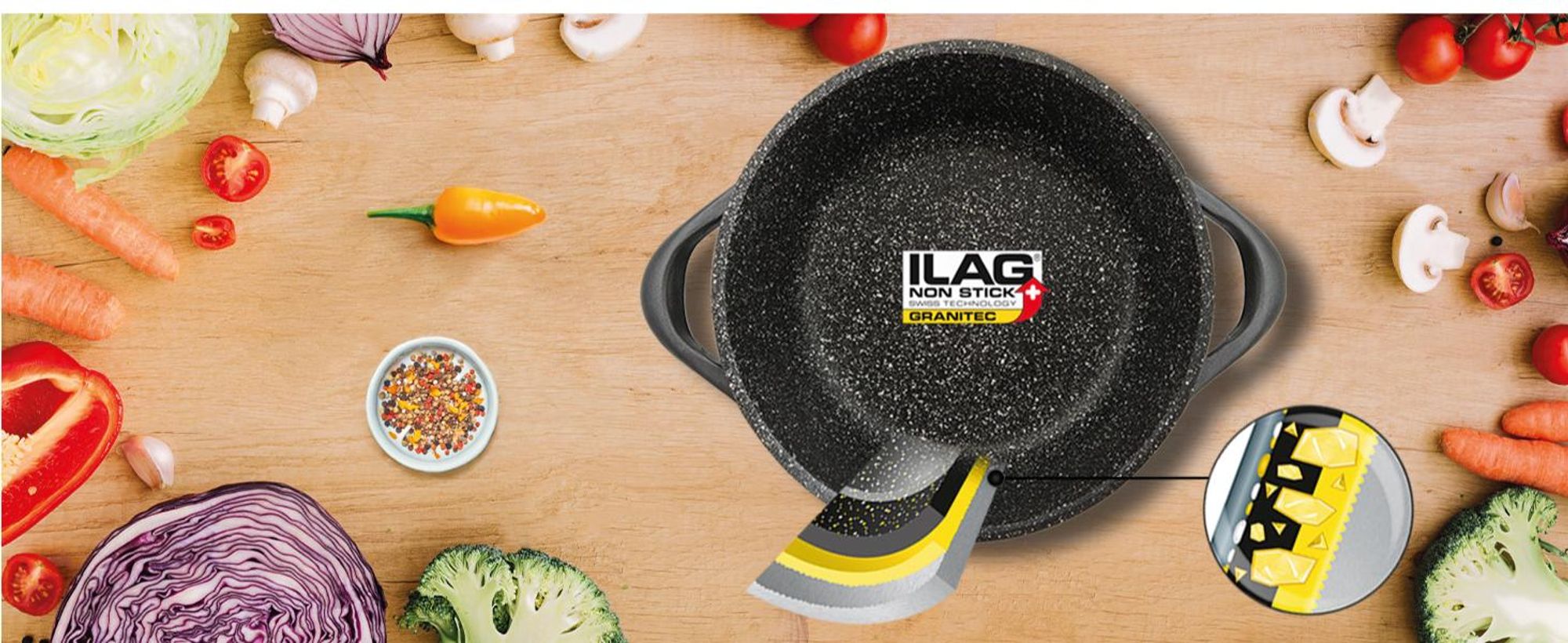 ILAG Antihaft, 4 Schichten mit Keramik, PFOA-frei, robust für täglichen Gebrauch.