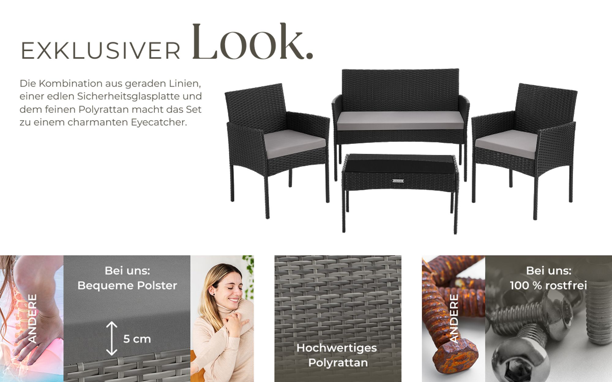 tectake® Rattan Gartenset Palese für 4 Personen