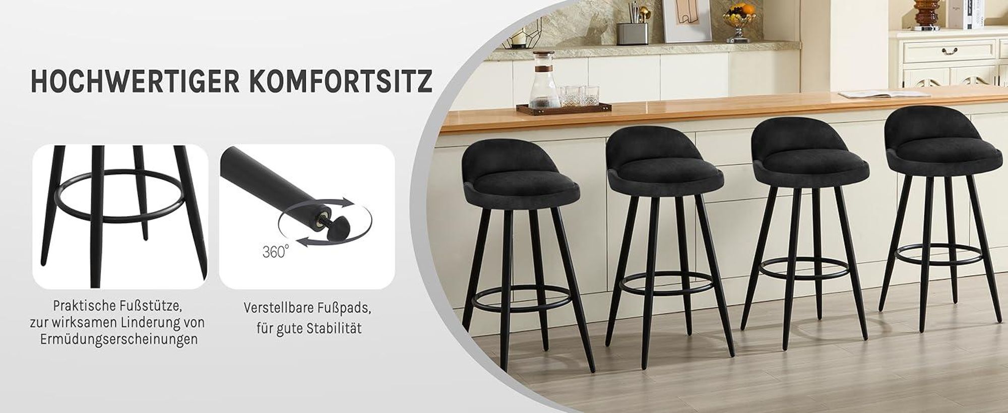 WOLTU Barhocker 1er Set Barstuhl Hocker Tresenhocker Bistrohocker Designer Hocker mit Lehne und Fußstütze aus Samt Metall,  Schwarz