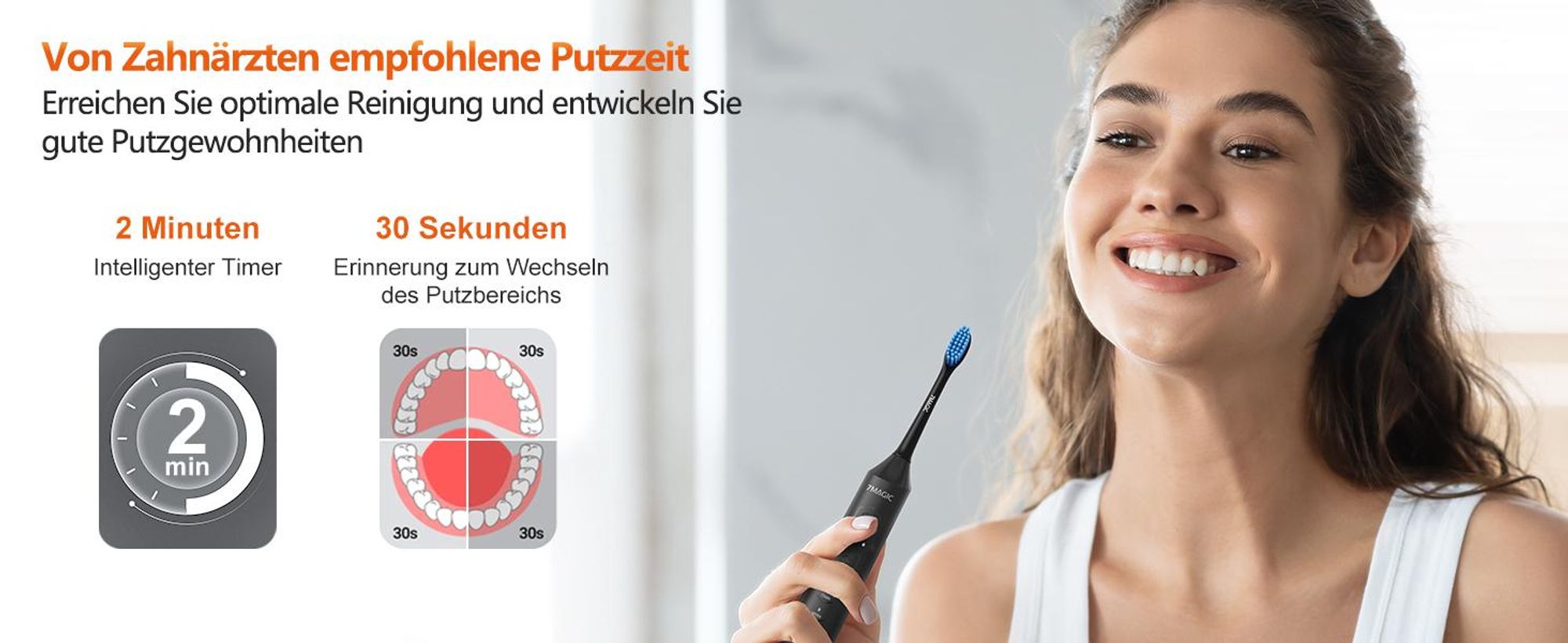 7Magic Elektrische Schallzahnbürste, Deep Clean Modi, 6 Bürstenköpfe, schnelle Aufladung für 60 Tage&40000 VPM, 5 Modi, Erwachsene und Kinder, Schwarz