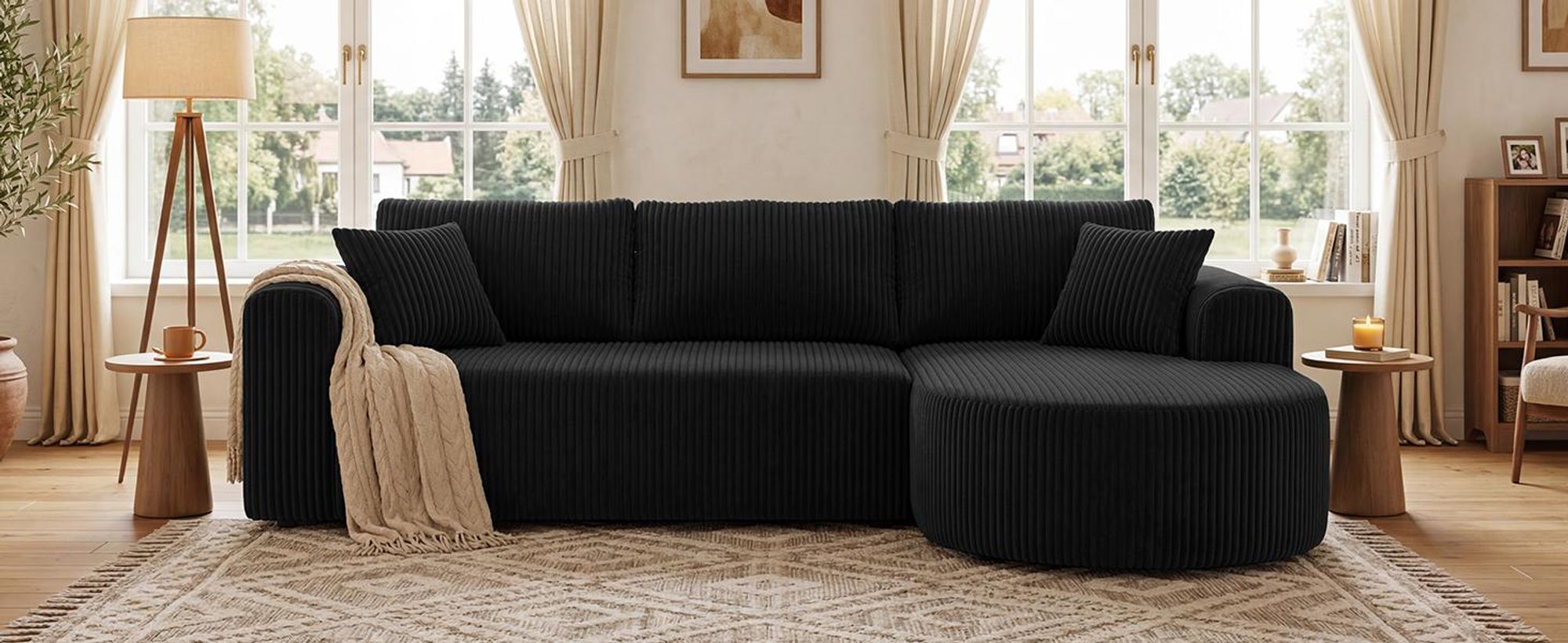 Canapé d'angle avec fonction convertible, canapé modulaire en velours sans structure visible, canapé avec chaise longue, canapé d'angle convertible, canapés modulaires avec coussins et poches latérales, 243 cm
