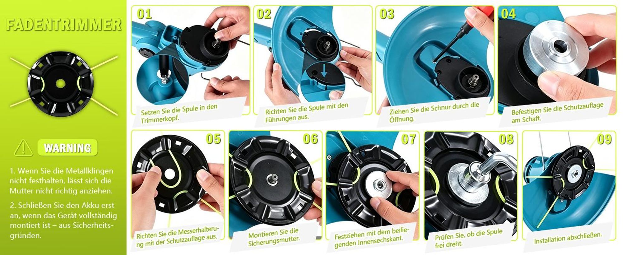 Akku Rasentrimmer 750W mit 2× 4000mAh Akkus 21V, 4 in 1 Bürstenloser Motor Rasentrimmer mit Unkrautbürste, Freischneider mit Messer und Ladegerät