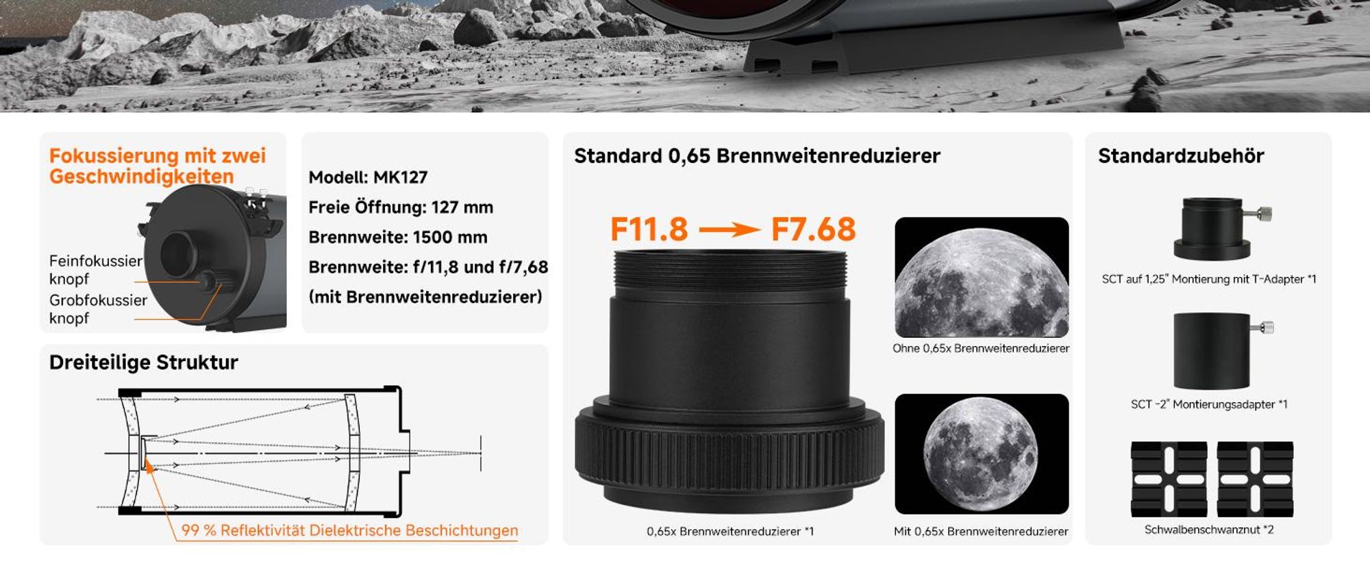 Svbony MK127 Astronomie Teleskop Set, mit SV188P Zenitspiegel dielektrischem Spiegel, 20mm Okular, SV182 6x30Sucherfernrohr Rechtwinkligem Winkel