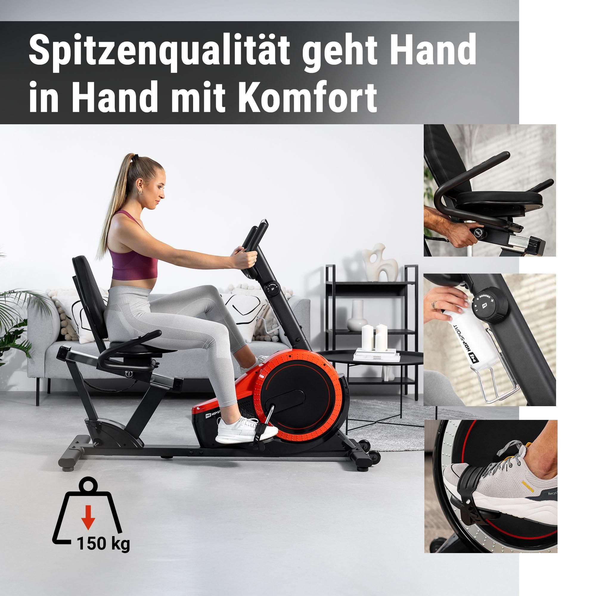 Hop-Sport Liegeergometer HS-060L - Liegeheimtrainer mit Handpulssensoren, 15 kg Schwungmasse, 8  Widerstandsstufen - Sitzergometer für Senioren max. Benutzergewicht 130 kg rot